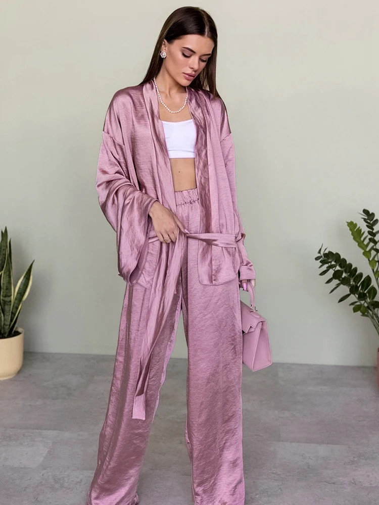 

Linad Pink Pajamas For Women Loose 2 Piece Sets Long Sleeve Nightwear Sashes Casual Trouser Suits 2022 Autumn Female Sleepwear