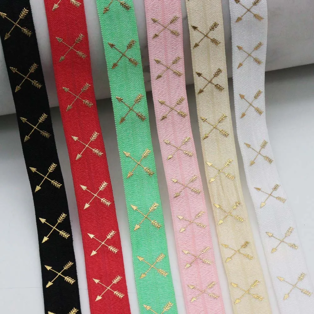 

5/8" 15MM Gold Foil Cross Arrow Printed Fold Over Elastic FOE Ribbon For Hair Tie DIY Headwear Hair Accessory