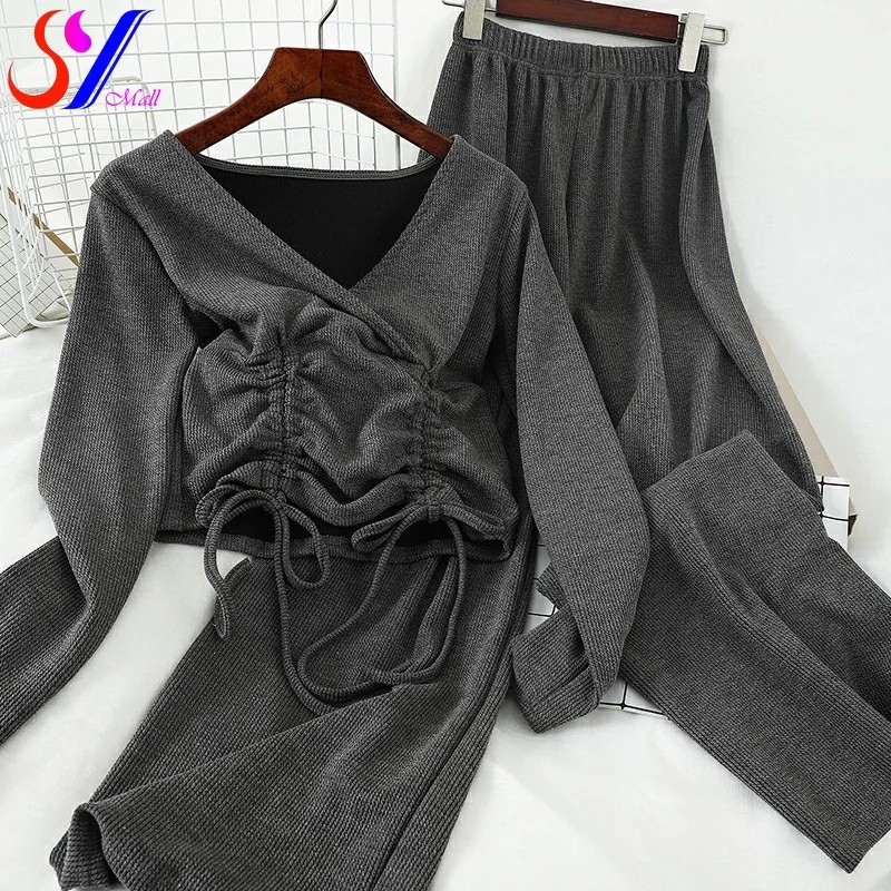 SY Two-Piece Set Fashion Knitting Suit Temperment Drawstring Slimming Short Shirt Casual Wide Leg Trousers Pajamas for women
SY Two-Piece Set Fashion Knitting Suit Temperment Drawstring Slimming Short Shirt Casual Wide Leg Trousers Pajamas for women