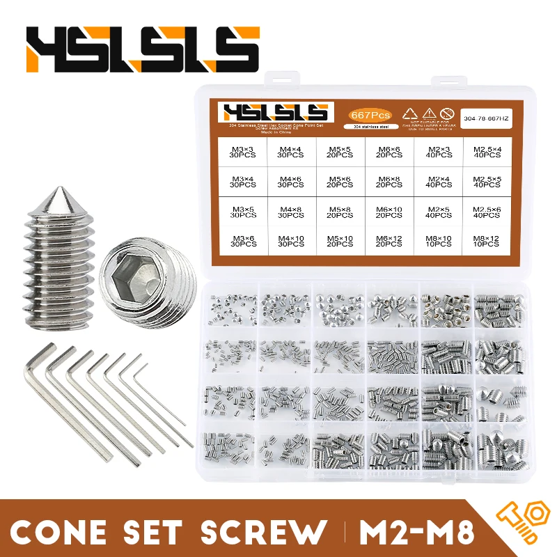 HSLSLS Hexagon Socket Set Screw Kit Cone Point Stainless Steel Headless Grub Screw Assorment Kit M2 M2.5 M3 M4 M5 M6 M8
HSLSLS Hexagon Socket Set Screw Kit Cone Point Stainless Steel Headless Grub Screw Assorment Kit M2 M2.5 M3 M4 M5 M6 M8