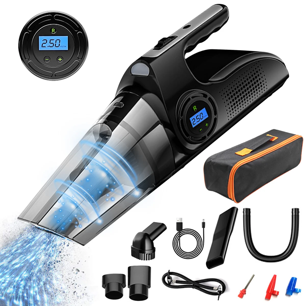120W Handheld Car Vacuum Cleaner with LED Light Tire Pressure Gauge Tire Inflator
120W Handheld Car Vacuum Cleaner with LED Light Tire Pressure Gauge Tire Inflator