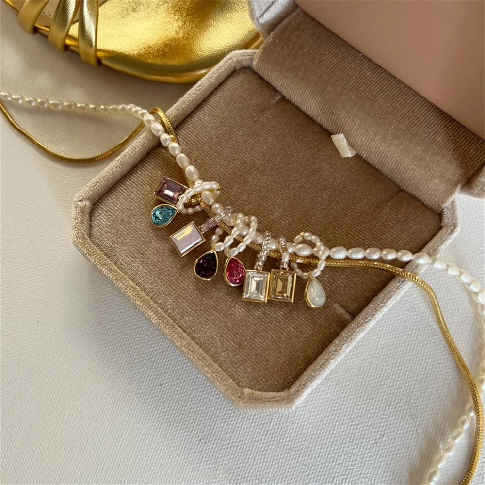

NCEE Rice Pearl Snake Necklace Diy Stacked Colorful Zirconium Crystal Clavicle Chain Pendant Niche Temperament Women Jewelry