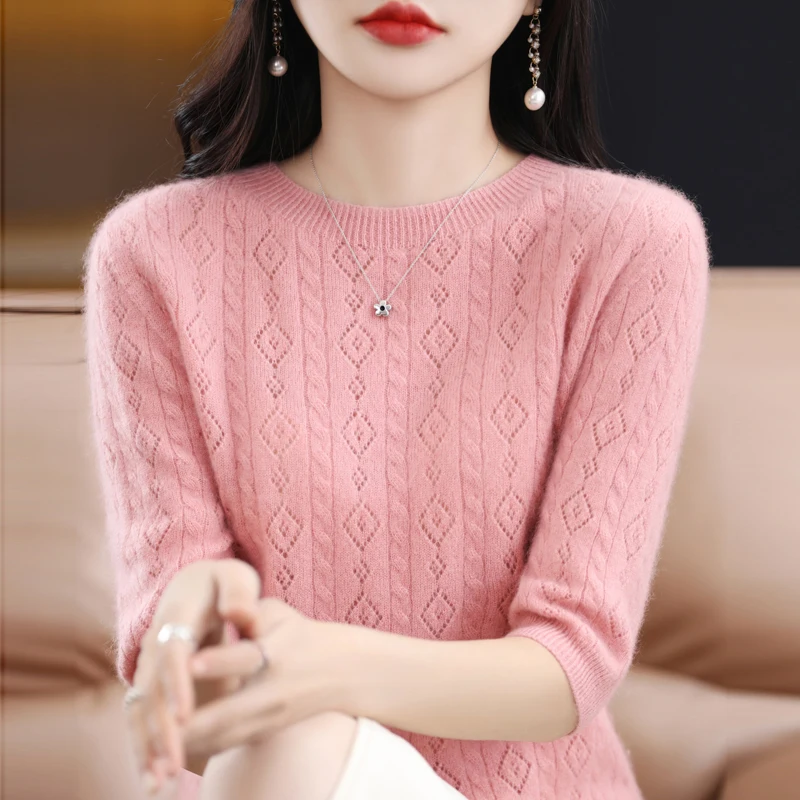 New Spring Women Sweater O-neck Half Sleeve Tops Knitted Fsahion Pullover Female Hollow Out Sweatshirt Casual Pink Slim Clothing
New Spring Women Sweater O-neck Half Sleeve Tops Knitted Fsahion Pullover Female Hollow Out Sweatshirt Casual Pink Slim Clothing