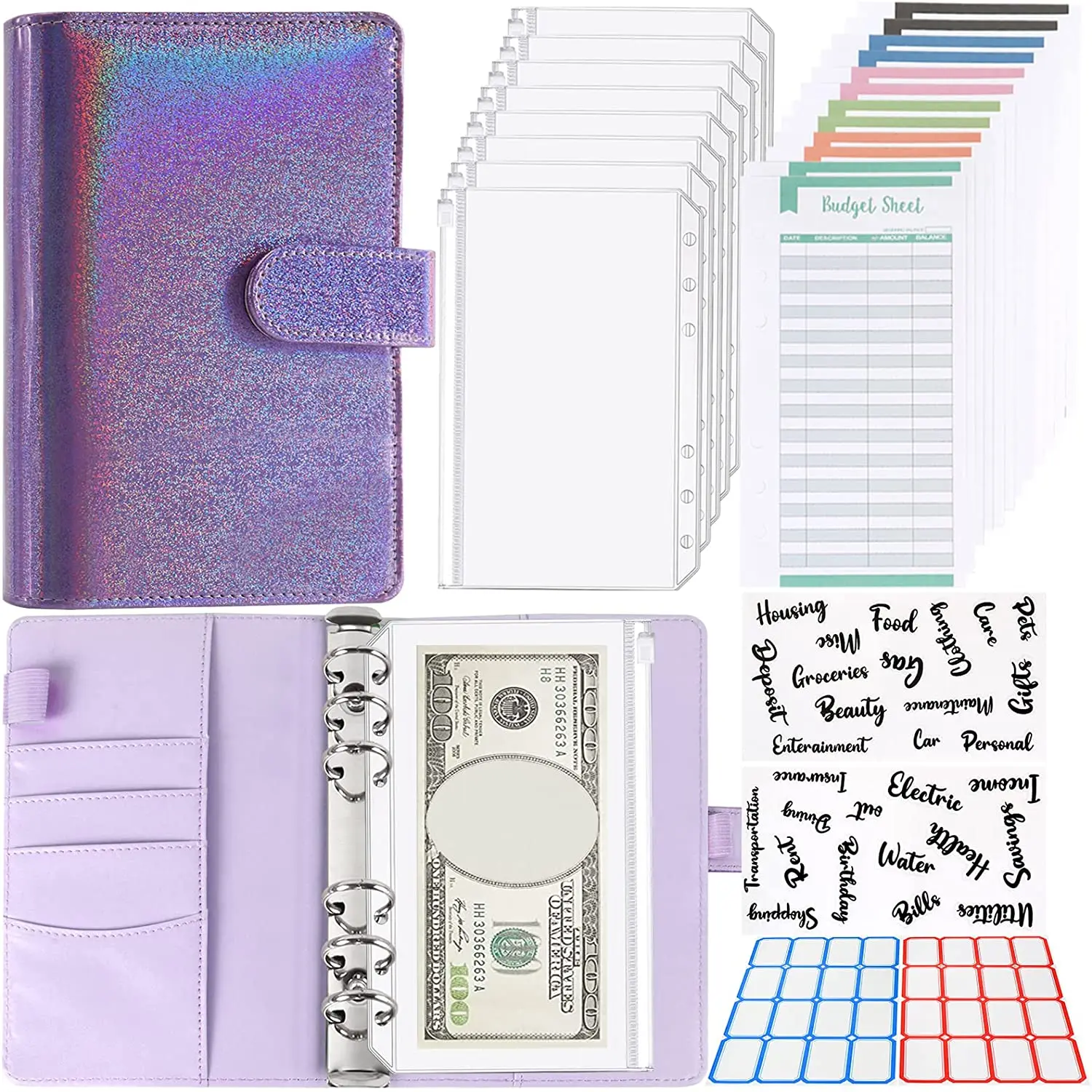 A6 PU Leather Notebook Binder Budget Planner, 8 Binder Pockets,Expense Budget Sheets,Sticker Label, Cash Envelopes for Budgeting
A6 PU Leather Notebook Binder Budget Planner, 8 Binder Pockets,Expense Budget Sheets,Sticker Label, Cash Envelopes for Budgeting