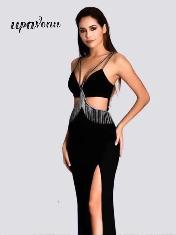Sexy Sling Sleeveless Bandage Dress Women's 2022 New Hollow Bodycon Tassel Inlaid Diamond Split Midi Dress Evening Party Vestido
Sexy Sling Sleeveless Bandage Dress Women's 2022 New Hollow Bodycon Tassel Inlaid Diamond Split Midi Dress Evening Party Vestido