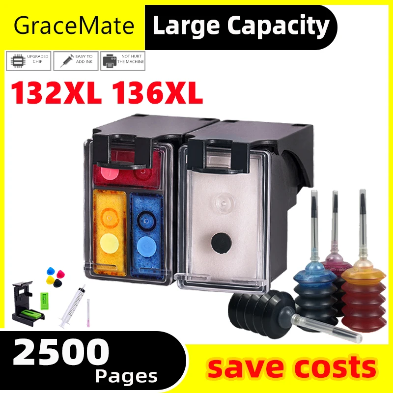GraceMate 132 136 Refilled Ink Cartridge for HP 132 136 Officejet 6213 5443 D4163 Photosmart 2573 C3183 1513 PCS1513 Printer
GraceMate 132 136 Refilled Ink Cartridge for HP 132 136 Officejet 6213 5443 D4163 Photosmart 2573 C3183 1513 PCS1513 Printer