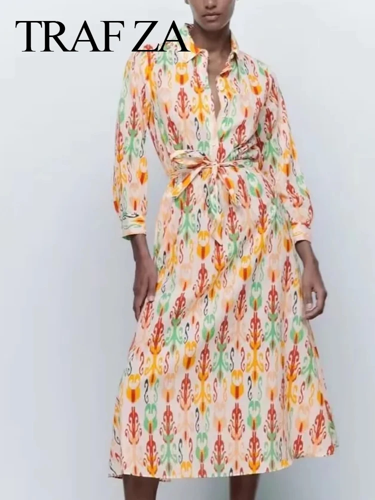 TRAF ZA Vintage Print Lapel Single Breasted Shirt Dress Chic Belt Bow Casual Fashion Elegant Long Dress For Women Spring Wear
TRAF ZA Vintage Print Lapel Single Breasted Shirt Dress Chic Belt Bow Casual Fashion Elegant Long Dress For Women Spring Wear