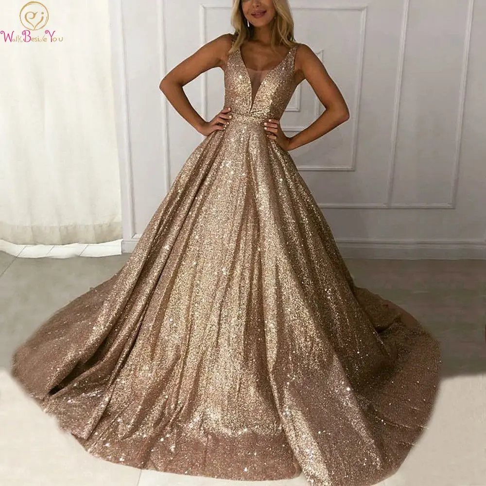 

Champagne A-Line Prom Dresses V-Neck 2022 New Wine Red Shiny Sequined robe de soiree Formal Party Evening Gowns vestido de gala