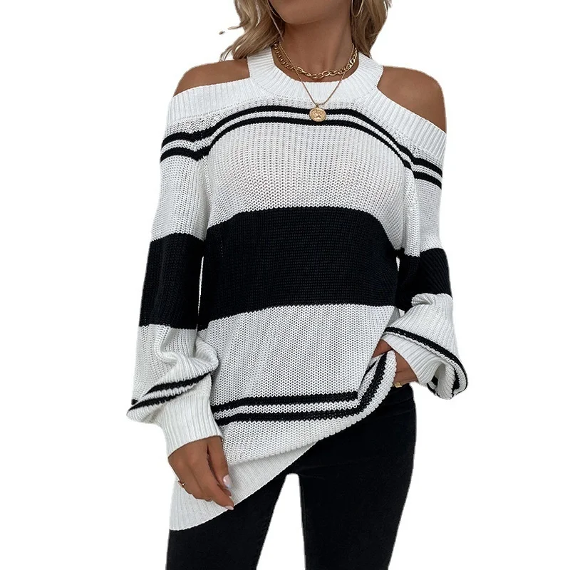 2023Casual comfortable Autumn/Winter New style Neck Drop Shoulder Sexy Knitwear Stripe Sweater Women 
2023Casual comfortable Autumn/Winter New style Neck Drop Shoulder Sexy Knitwear Stripe Sweater Women