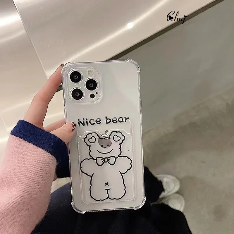 

Clmj Card Holder Cute Bear Phone Case For iPhone 13 Pro Max 11 12 14 X XR XS 7 8 Plus Silicone Protective Cover Can Put Photo