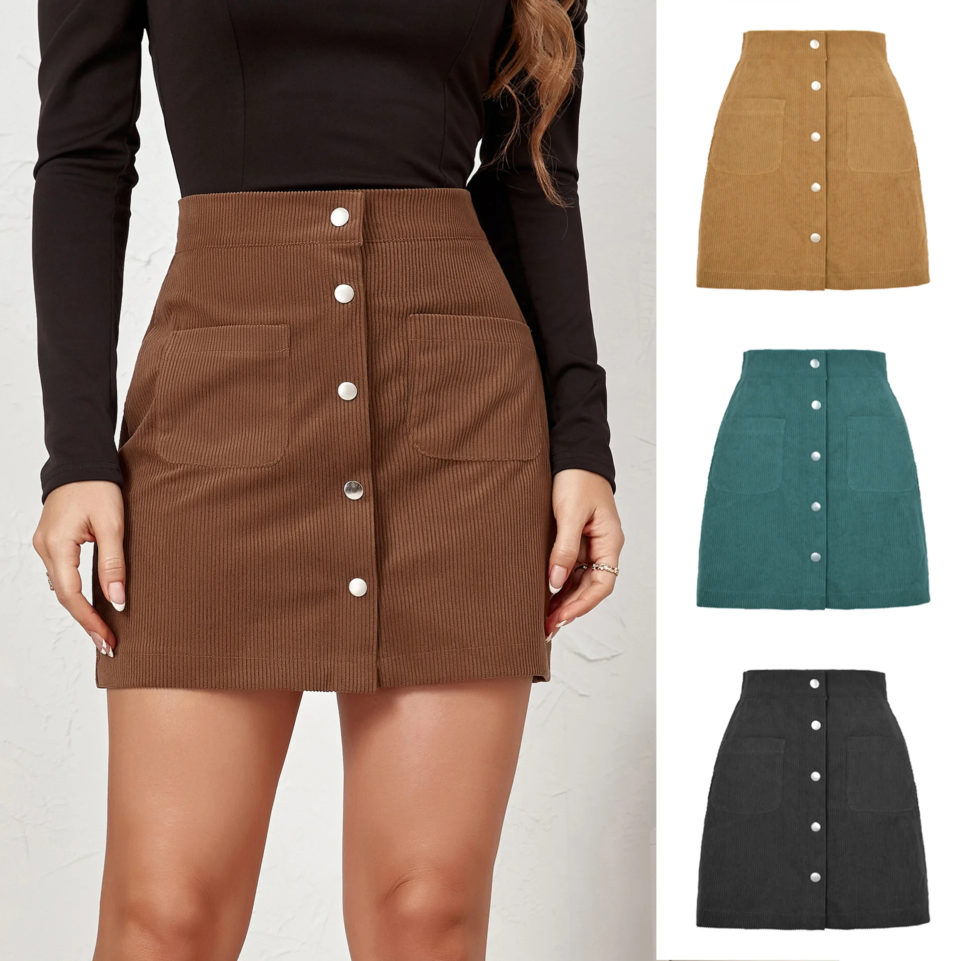 2023 new corduroy buttock skirt single breasted slim solid color skirt women's dress
2023 new corduroy buttock skirt single breasted slim solid color skirt women's dress