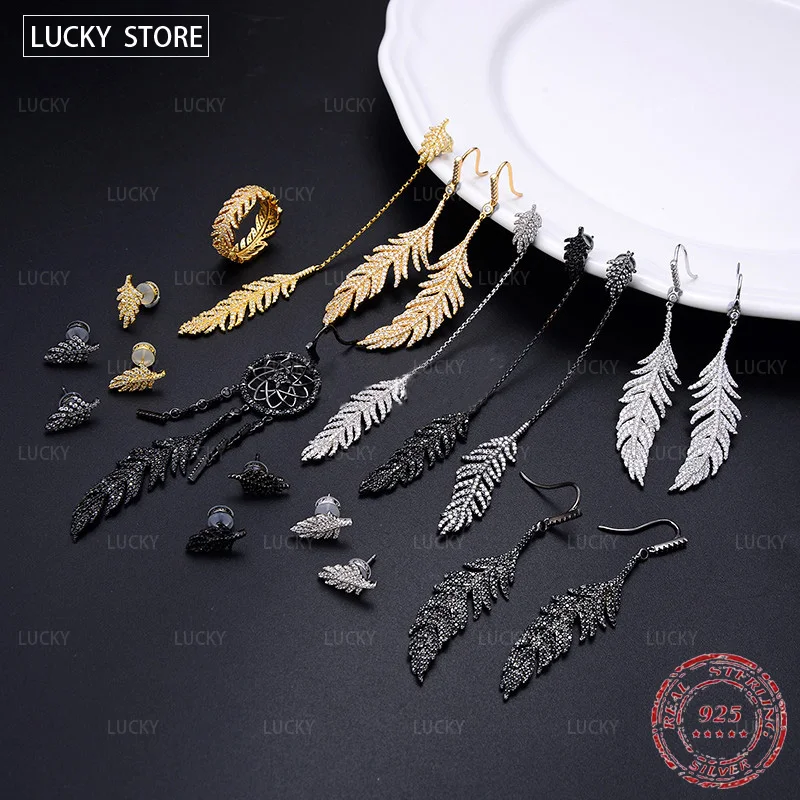 

S925 Sterling Silver luxury Monaco jewelry inlaid dream asymmetric catcher leaf long feather Hook Earring Necklace