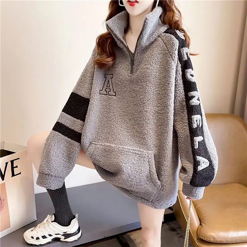 Пуловер женский плюшевый на молнии утепленный бархатный пуловер с высоким