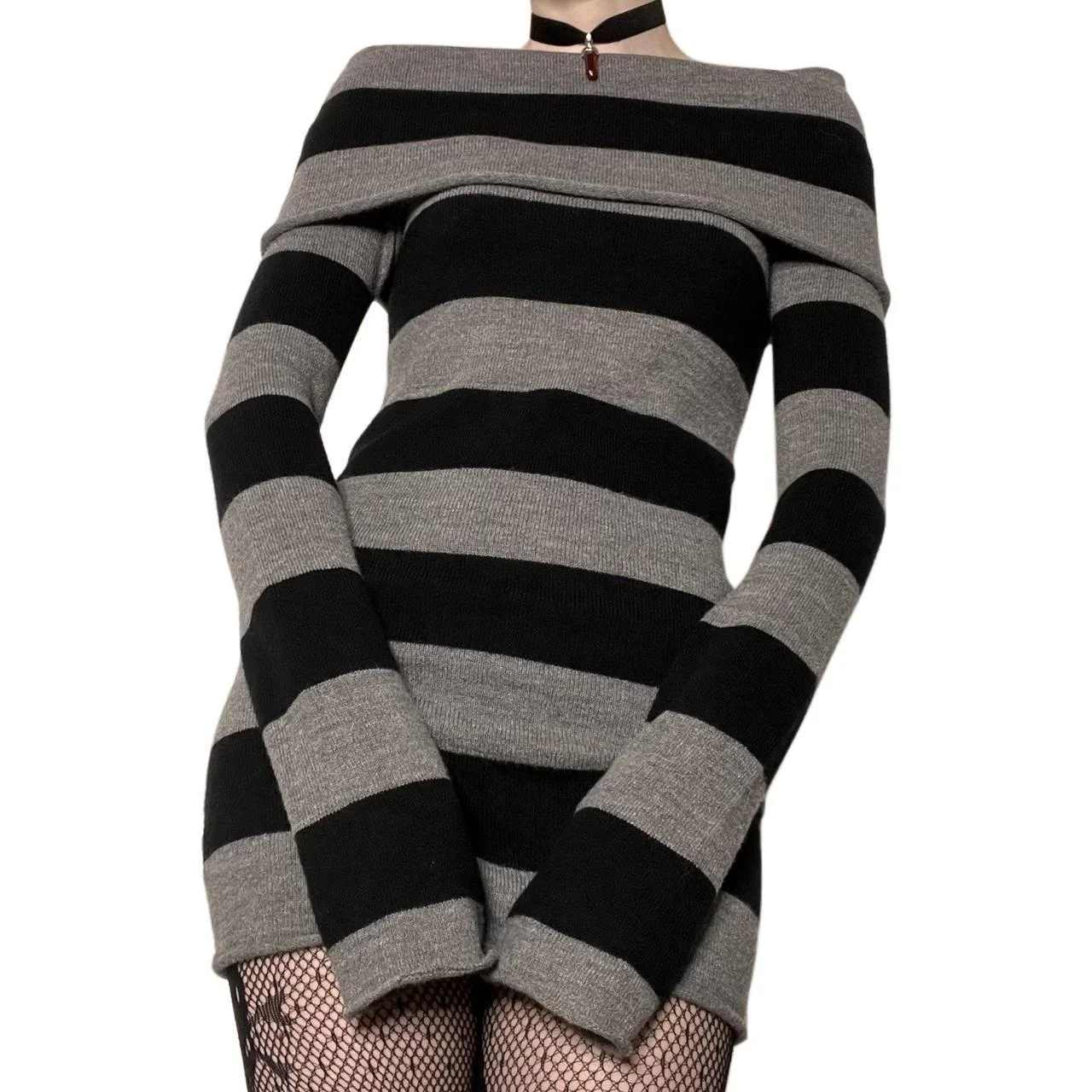 

Y2K Striped Sweater Mini Dress Mall Goth Grunge Emo Bodycon Chic Women Off Shoulder Full Sleeve Slim Fit Dresses 00s Vintage