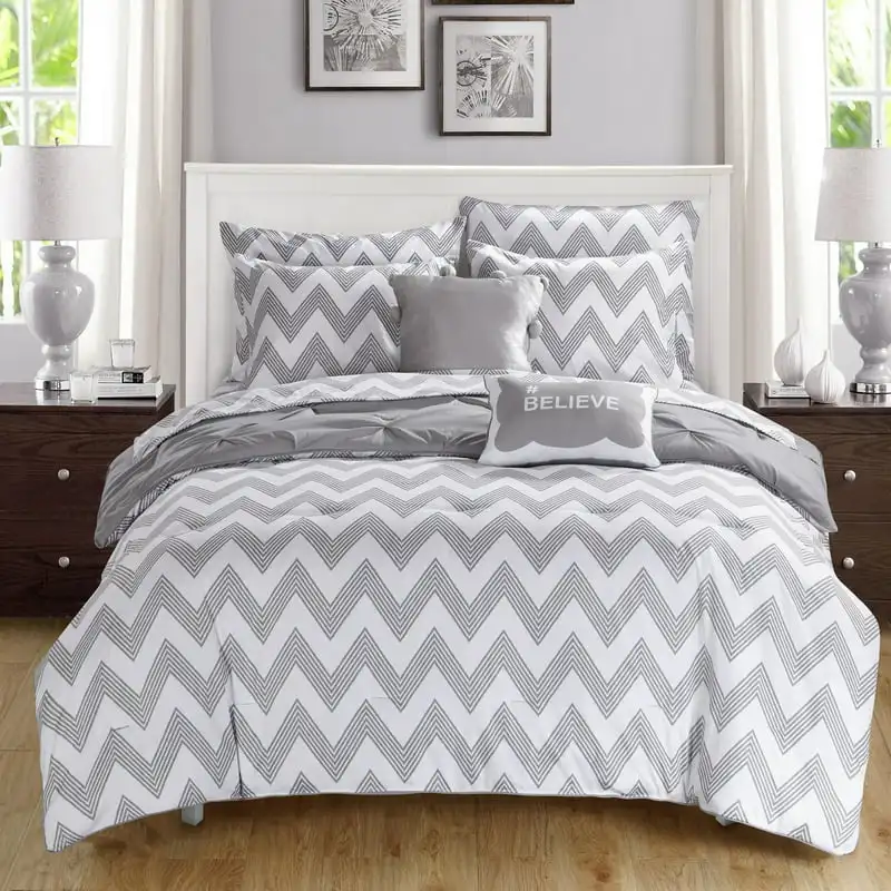 

Foxville 9 Piece Reversible Pinch Pleat Comforter Set, Full, Grey For Adults