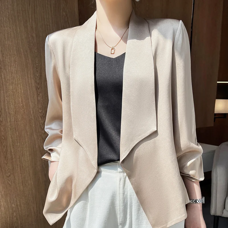 Satin Suits Jackets Women Blazers Blouses Summer Shirts Thin Casual Design Solid Three Quarter Sleeve Cardigan Coats Clothing
Satin Suits Jackets Women Blazers Blouses Summer Shirts Thin Casual Design Solid Three Quarter Sleeve Cardigan Coats Clothing