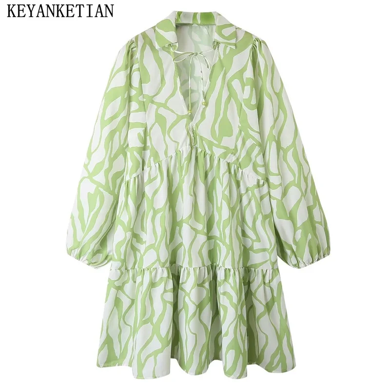 KEYANKETIAN New Autumn Light Green Graffiti Print Loose Cascading Shirt Dress Holiday Wind Lapel Sleeve Women's A-Line Dress
KEYANKETIAN New Autumn Light Green Graffiti Print Loose Cascading Shirt Dress Holiday Wind Lapel Sleeve Women's A-Line Dress