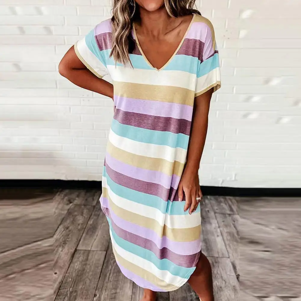 Women Midi Dress V-Neck Short Sleeve Arc Hem Midi Dress Women Casual Striped Print Summer Dress Female Clothing Streetwear 
Women Midi Dress V-Neck Short Sleeve Arc Hem Midi Dress Women Casual Striped Print Summer Dress Female Clothing Streetwear