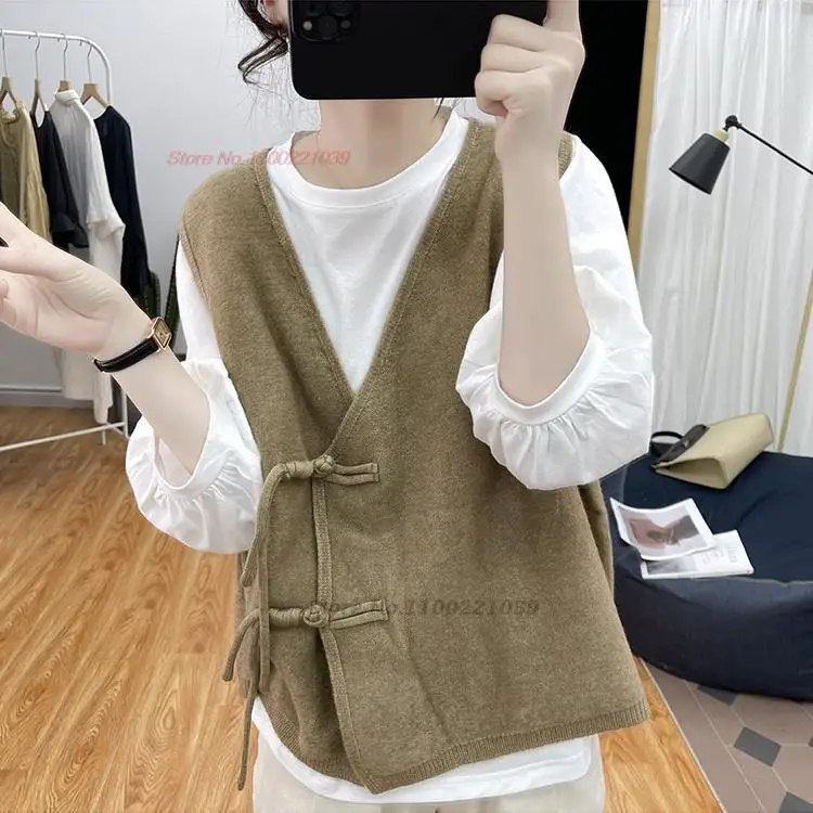 

2023 national vintage gilet hollow crochet knit vest vest chinese tang suit oriental ethnic sleeveless jacket waistcoat vest