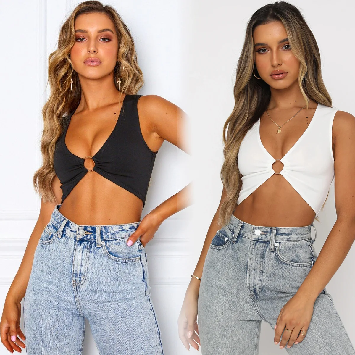 2021 European and American Ultra Short Sexy Deep V-neck Metal Ring Sleeveless Vest T-shirt In Three Colors Crop Y2k Womens Tops
2021 European and American Ultra Short Sexy Deep V-neck Metal Ring Sleeveless Vest T-shirt In Three Colors Crop Y2k Womens Tops