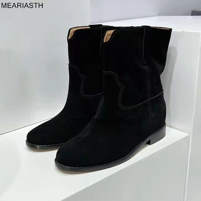 

Classic Chelsea Boots Women Wedges heel Ankle Boots Black Khaki Real suede Internal Increase Winter Short Boots Botas mujer