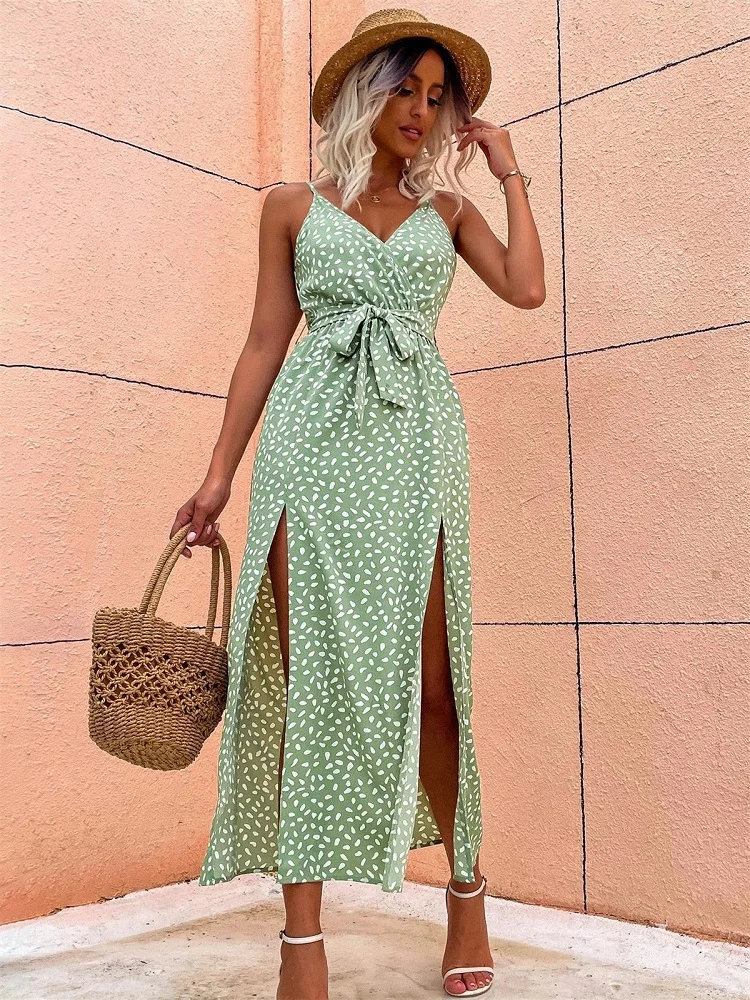 Elegant Summer Dot Print V Neck Sleeveless Dress Women Sexy Backless Belt Slit Beach Sundress Casual Vacation Black Long Dresses
Elegant Summer Dot Print V Neck Sleeveless Dress Women Sexy Backless Belt Slit Beach Sundress Casual Vacation Black Long Dresses