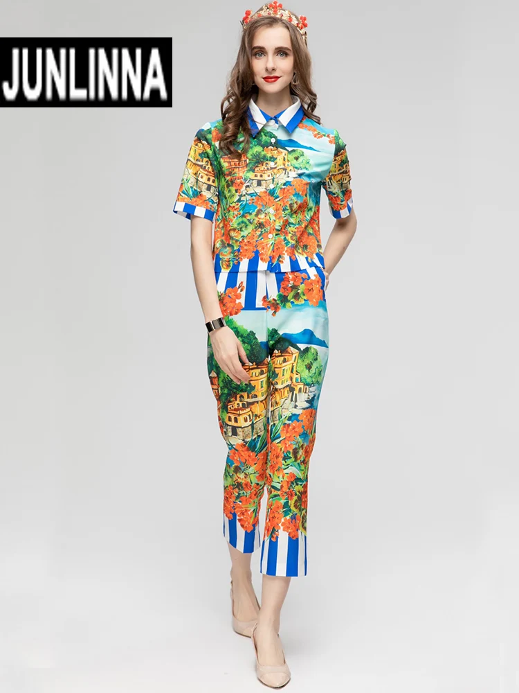 Уличная мода JUNLINNA, женские брюки из двух предметов, рубашка с отложным воротником и брюки, Элегантный Приталенный костюм с цифровой печатью 
Уличная мода JUNLINNA, женские брюки из двух предметов, рубашка с отложным воротником и брюки, Элегантный Приталенный костюм с цифровой печатью