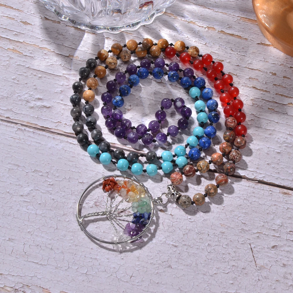 

8mm Natural Stone 7 Chakra Beads Knotted 108 Mala Necklace Meditation Yoga Prayer Jewelry with Tree of Life Pendant