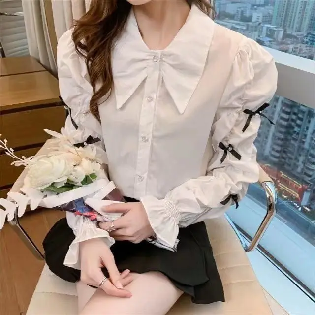 Spring New Bow Ladies Shirt Tops Puff Sleeve Loose Cute Vintage Bow Shirts Women Blouses Shirts Long-sleeved Solid Top J30
Spring New Bow Ladies Shirt Tops Puff Sleeve Loose Cute Vintage Bow Shirts Women Blouses Shirts Long-sleeved Solid Top J30