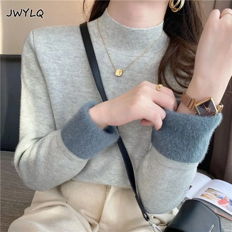 Woman Thicken Plush Base Shirt Sweater Warm Casual All-match Pullover Autumn Winter Mock Neck Lined Long Sleeve Knit Tops 2022
Woman Thicken Plush Base Shirt Sweater Warm Casual All-match Pullover Autumn Winter Mock Neck Lined Long Sleeve Knit Tops 2022