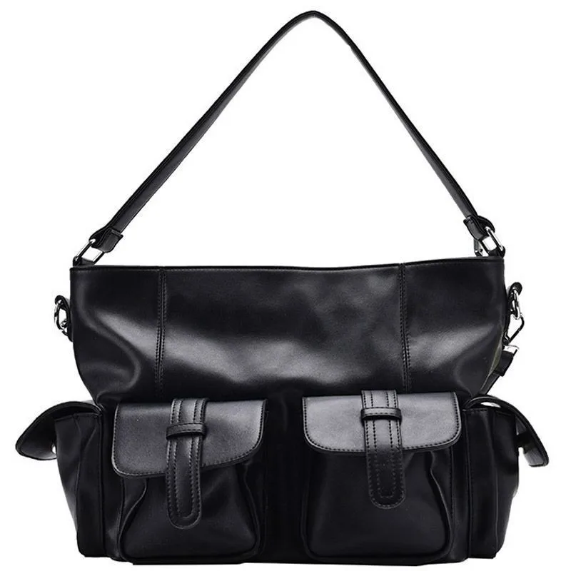 

Fashion Niche Design Locomotive Style Black Large Capacity Tote Shoulder Simple Neutral Dark Diagonal Bag Soft Female Purse