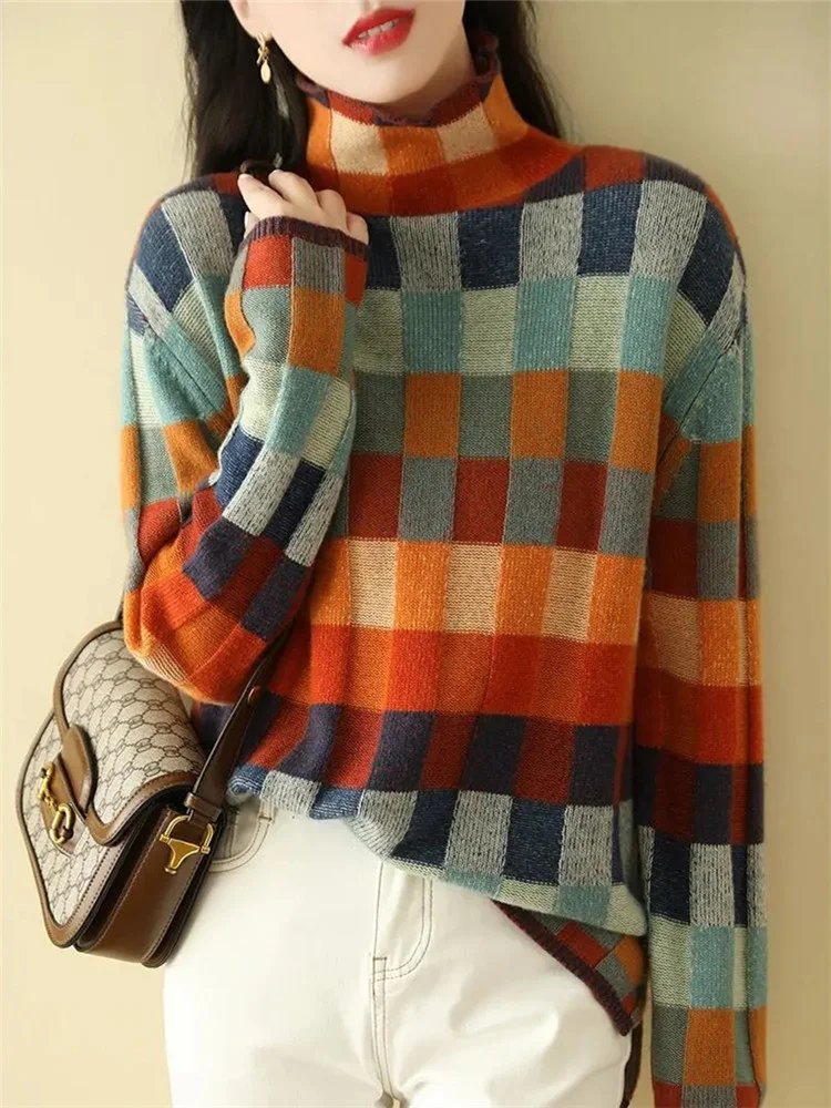 Knit Sweater Female Bottoming Shirt Autumn Winter New Plaid Turtleneck Pullover Loose Casual Fashion Knitted Top Women's Clothes
Knit Sweater Female Bottoming Shirt Autumn Winter New Plaid Turtleneck Pullover Loose Casual Fashion Knitted Top Women's Clothes