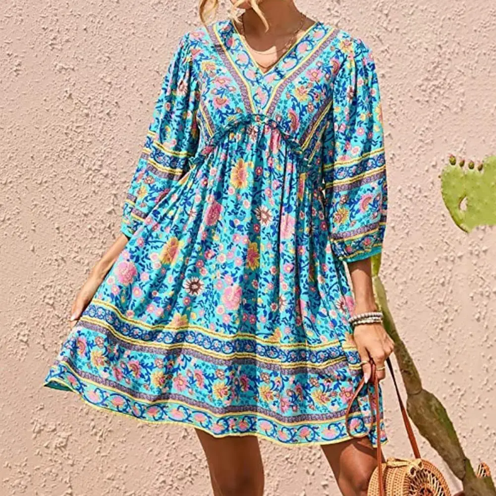 V-neck High Waist Flowy Hem Mini Dress Ethnic Style Floral Print 3/4 Sleeve Women Dress Ladies Clothing
V-neck High Waist Flowy Hem Mini Dress Ethnic Style Floral Print 3/4 Sleeve Women Dress Ladies Clothing
