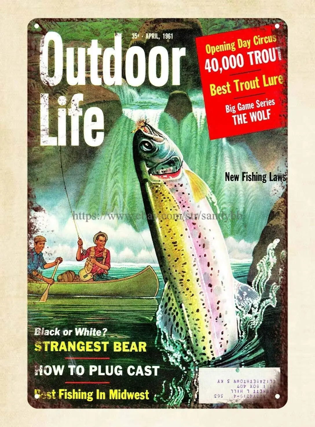 Outdoor Life 1961 Trout Fishing Metal tin Sign Unique Home Decor Cheap Retro Wall Home Bar Pub Vintage Cafe Decor, -Metal Tin Si
Outdoor Life 1961 Trout Fishing Metal tin Sign Unique Home Decor Cheap Retro Wall Home Bar Pub Vintage Cafe Decor, -Metal Tin Si