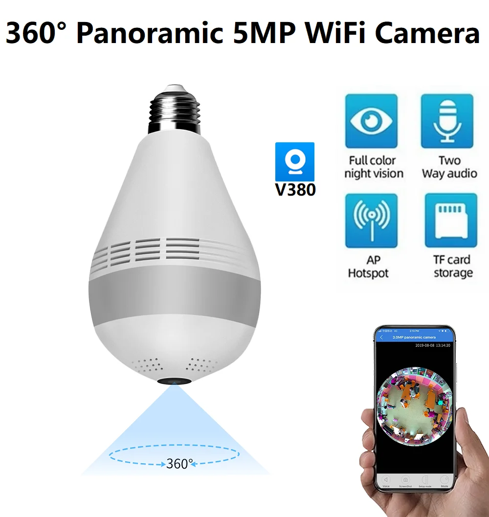 360° Fisheye Wireless Panoramic WiFi Lamp Camera 5MP Home Security IP Camera Lighting Color Night Vision Two Audio Bulb Camera
360° Fisheye Wireless Panoramic WiFi Lamp Camera 5MP Home Security IP Camera Lighting Color Night Vision Two Audio Bulb Camera