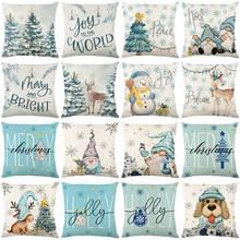 Winter Christmas Pillow Cases Cotton Linen Cushion Case Cute Elk Snowman Dog Cushion Cover Holiday Home Party Decor Pillow Cover