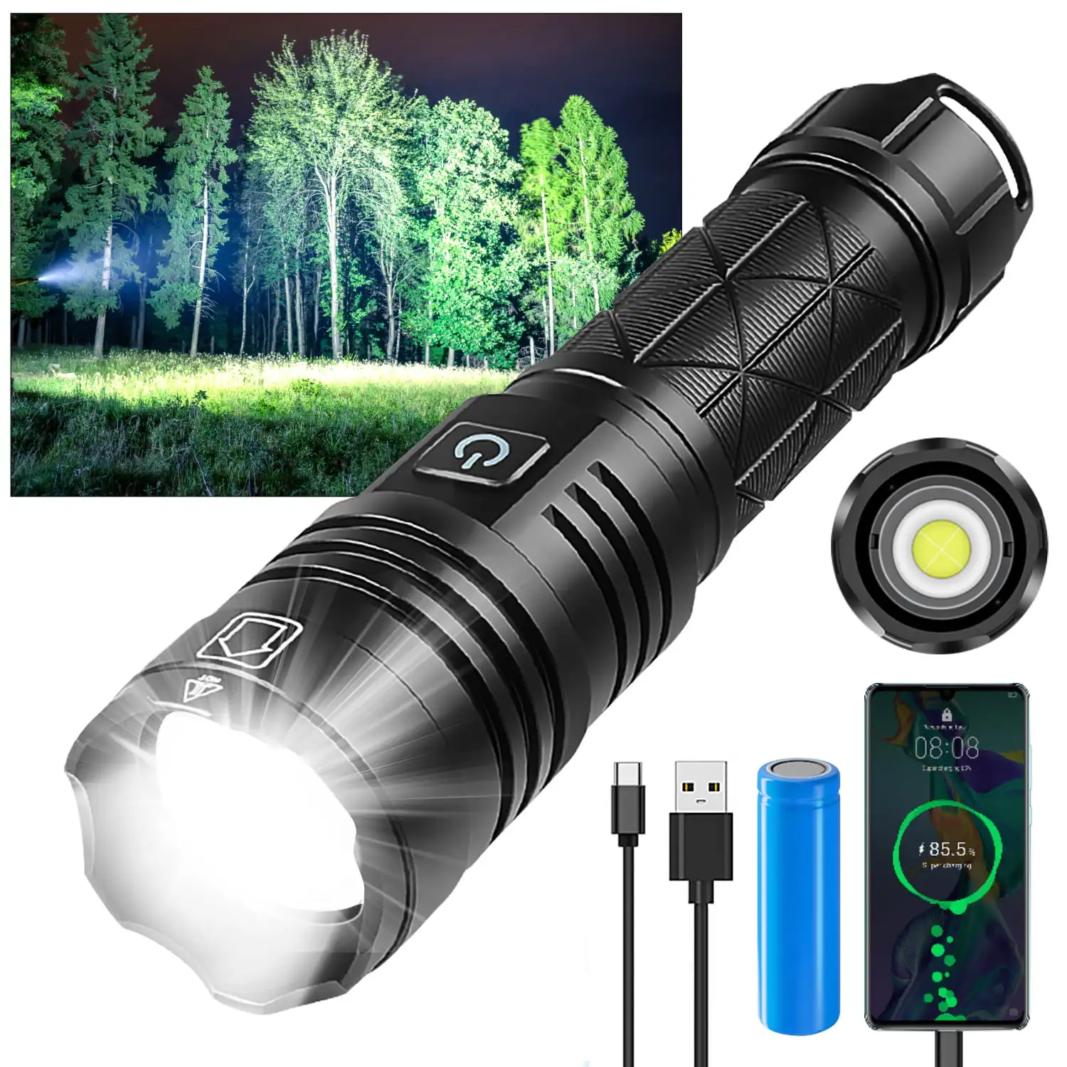 Tactical Rechargeable Flashlight Powerful 90000 Lumens, 5 Modes IPX6 Waterproof Super Bright P70.2 Bulb with USB Rechargeable 22
Tactical Rechargeable Flashlight Powerful 90000 Lumens, 5 Modes IPX6 Waterproof Super Bright P70.2 Bulb with USB Rechargeable 22