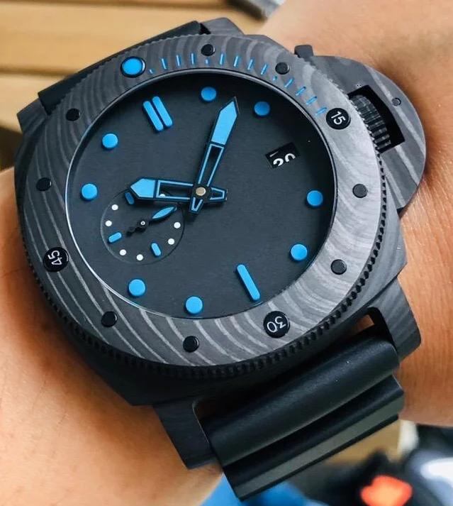 mens automatic mechanical watch countdown luminous black rubber blue