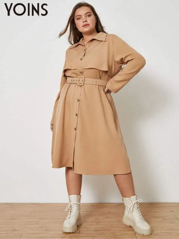 

YOINS Elegant Autumn Long Dress 2022 Plus Size Casual Lapel Long Sleeve Belted Buttons Party Trench Dresses Solid Pleated Robe