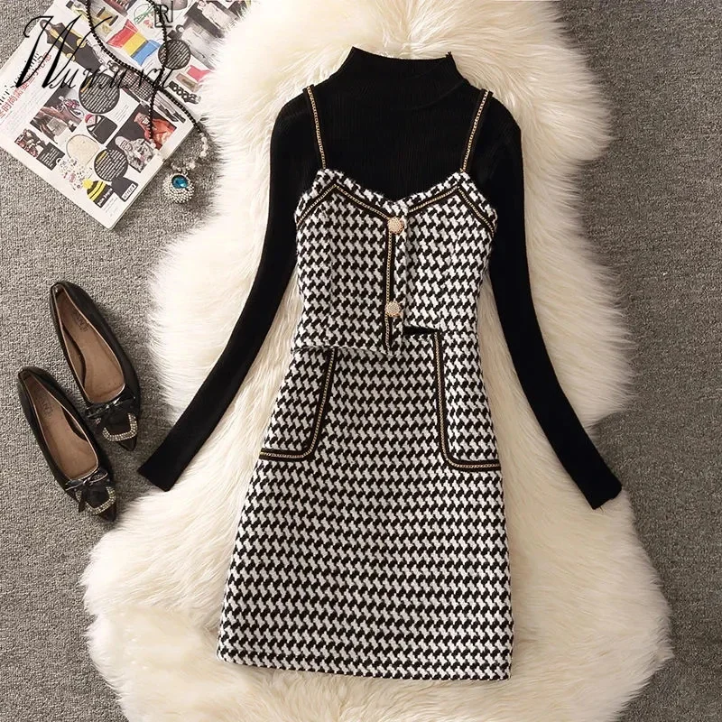 Slim Mini Dresses Two Piece Set Elegant Backless Vintage Plaid Tweed Slip Dress Sets Women And Luxurious Knitted Sweater Suit
Slim Mini Dresses Two Piece Set Elegant Backless Vintage Plaid Tweed Slip Dress Sets Women And Luxurious Knitted Sweater Suit