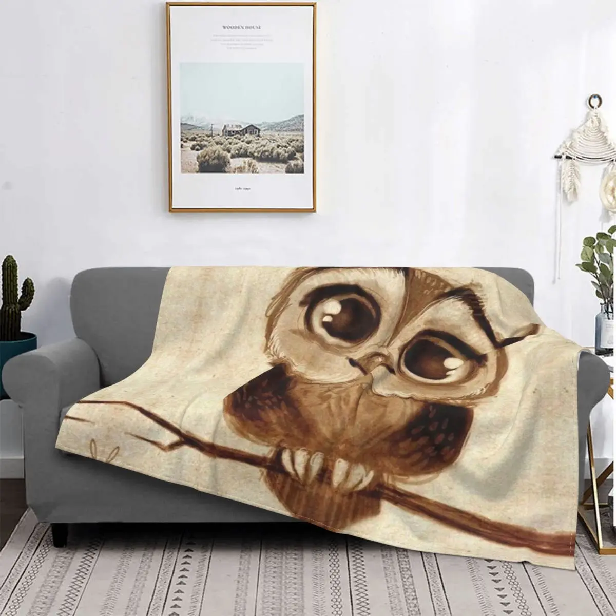 

Owl Portable Ambiance Non-Fading Non-Stick Travel Space Skin-Friendly Home Decor Blanket Lightweight Cute Cartoon Animation