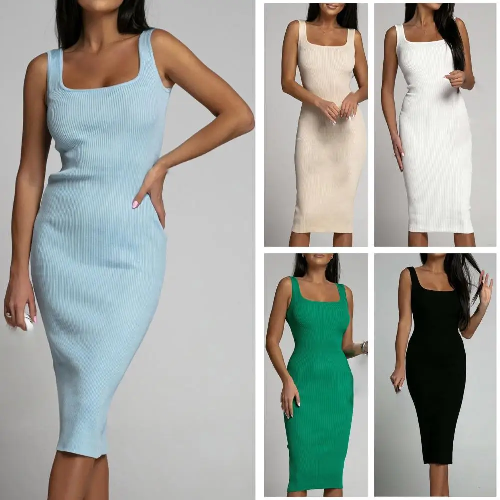 Women Sheath Dress Square Neck Solid Color Bodycon Sleeveless Elastic Summer Dress Dating Dress 
Women Sheath Dress Square Neck Solid Color Bodycon Sleeveless Elastic Summer Dress Dating Dress