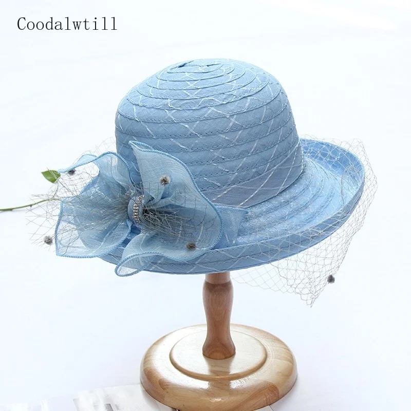 

New Elegant Summer Flower Organza Sun Hats For Women Wide Brim Veils Fedora Hat Fashion Ladies Wedding Church Curl Chapeau Cap