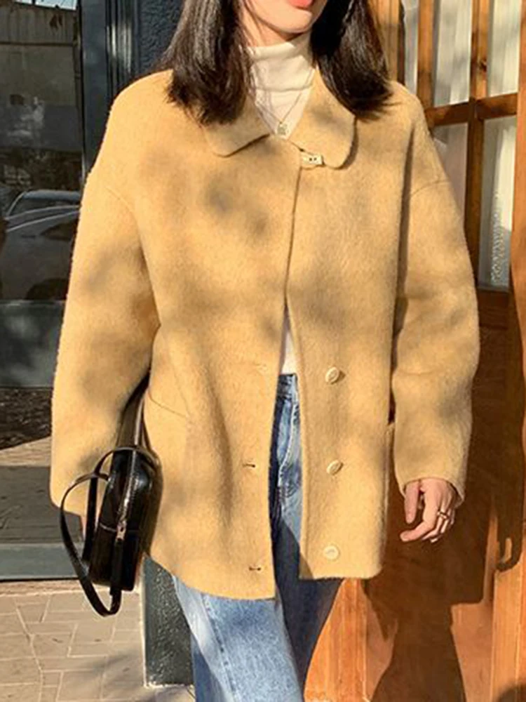 

DEAT Fashion Women's Woolen Coat Lapel Loose Single Breasted Full Sleeve Sashes Solid Color Overcoat Winter 2023 New 17A5280H