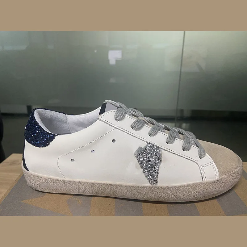 

New First Layer Cowhide Children's Shoes Four Seasons Old Small Dirty Casual Silver Sequined Stars Parent-child Sneakers ST80