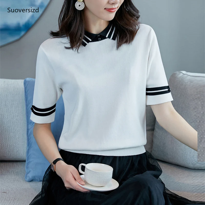 Suoversizd Korean Style Stripe Patchwork Knitted T-Shirt Women Fashion Short Sleeve Knitwear Tops 2021 New Summer Polo Collar
Suoversizd Korean Style Stripe Patchwork Knitted T-Shirt Women Fashion Short Sleeve Knitwear Tops 2021 New Summer Polo Collar