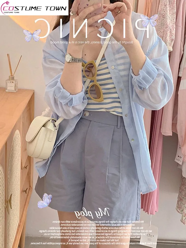 Spring/Summer Women's Set 2023 New Korean Sunscreen Shirt with Suspended Tank Top Slim Casual Shorts Three Piece Set
Spring/Summer Women's Set 2023 New Korean Sunscreen Shirt with Suspended Tank Top Slim Casual Shorts Three Piece Set