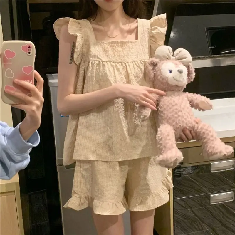 Plaid Pajamas Sleepwear Women Square Collar Two-piece Shorts Set for Night Wear Summer Pijama Home Suit Fly Sleeve Loungewear
Plaid Pajamas Sleepwear Women Square Collar Two-piece Shorts Set for Night Wear Summer Pijama Home Suit Fly Sleeve Loungewear