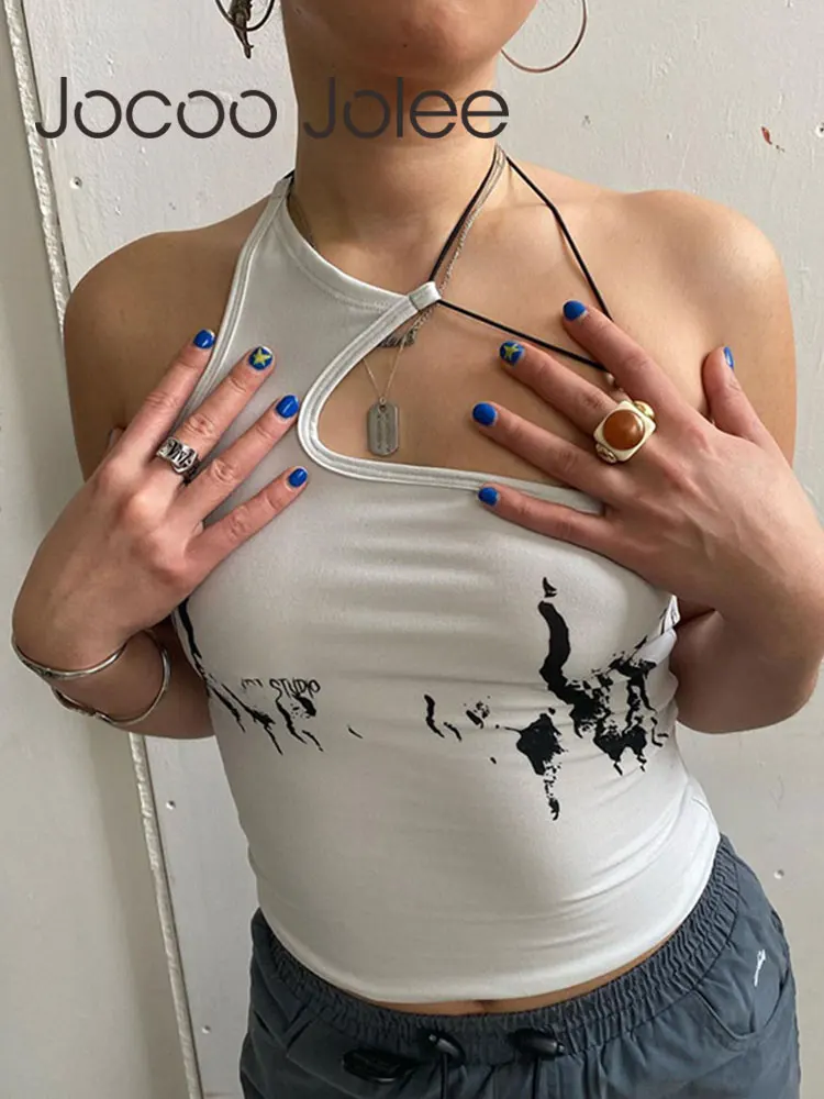 

Jocoo Jolee 2022 Y2k Asymmetrical Halter Ink Print Slim Crop Top For Women Summer Designer Punk Backless Tank Girls 90s Camis