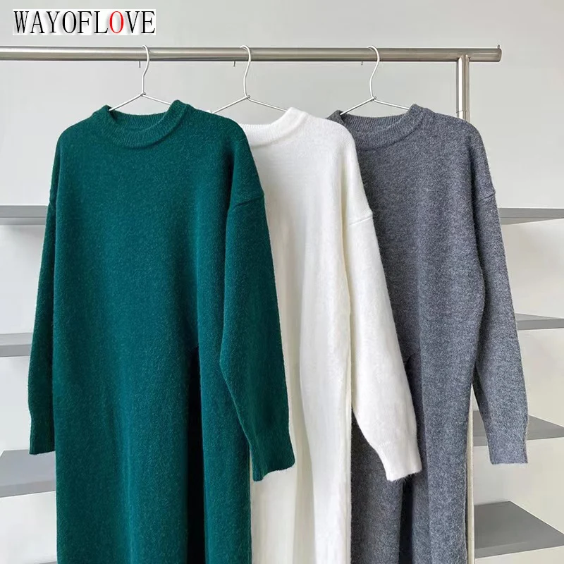 

WAYOFLOVE Autumn Winter Women Dress Split Knitted Sweater Women Long Sleeve Dresses Maxi Elegant Oversize Dresses Warm Pullovers